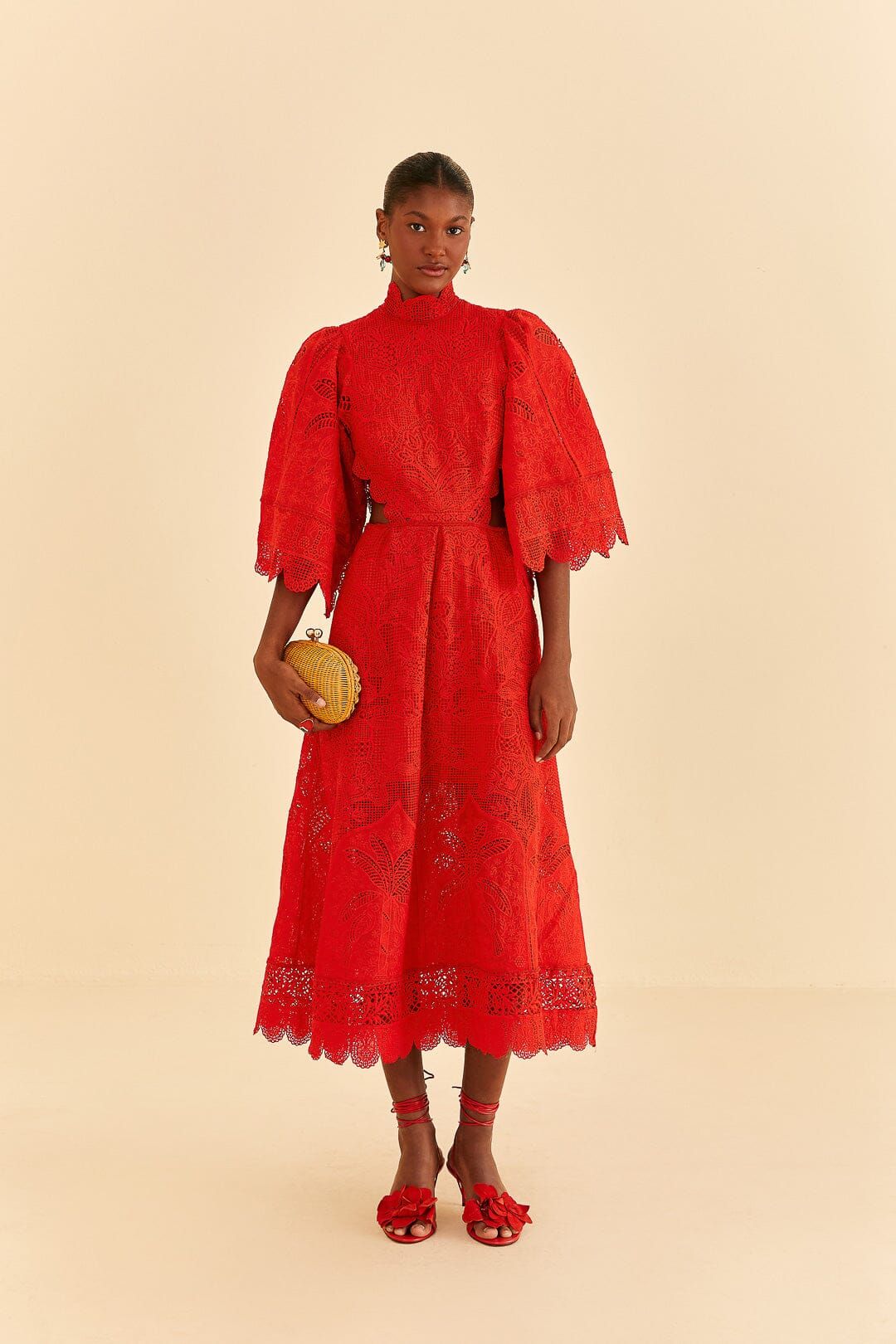 red guipure cut out midi dress | FarmRio