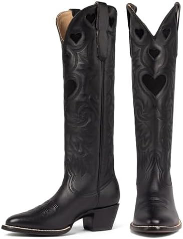 Cowboy Boots for Women Wide Calf Round Toe Chunky Stacked Heel Knee High Cowgirl Boot Heart Patte... | Amazon (US)
