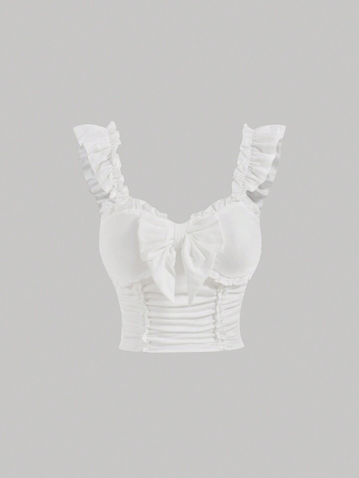 SHEIN MOD Women White Top With Ruffle Trim And Bow Decoration,Crop Top,Cute Summer Tops | SHEIN