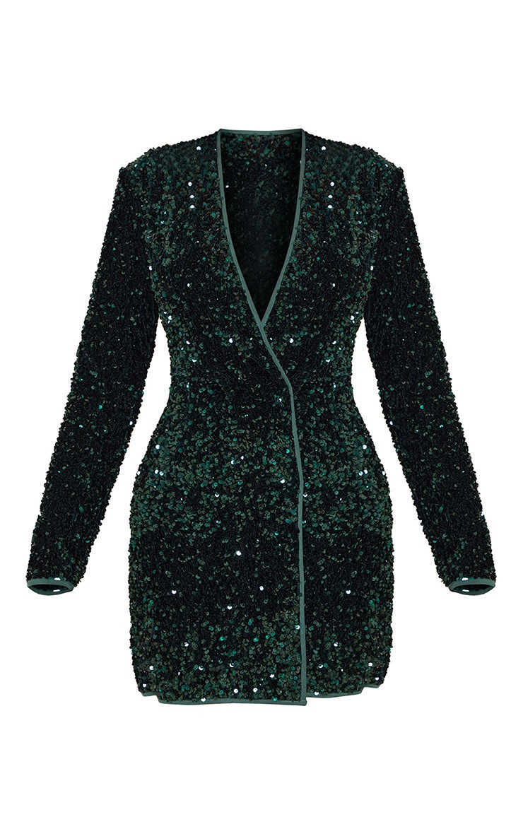 Emerald Green Velvet Sequin Long Sleeve Blazer Dress | PrettyLittleThing US