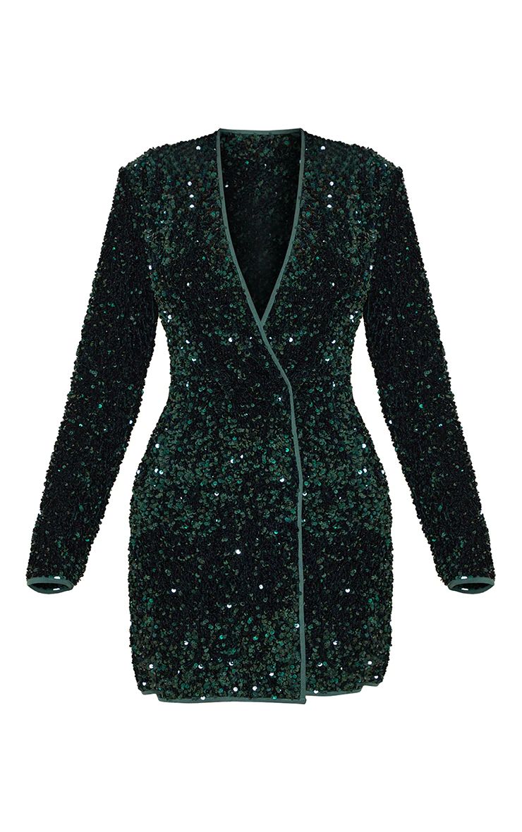 Emerald Green Velvet Sequin Long Sleeve Blazer Dress | PrettyLittleThing US