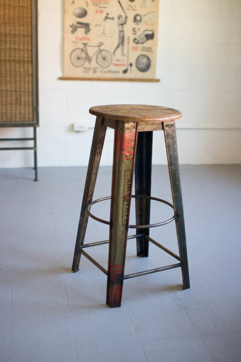 Recycled Metal Bar Stool with Wooden Top | River Chic Designs