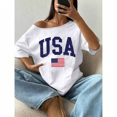 USA Flag Print Women's Drop Shoulder Loose Drop Shoulder Oversized Short Sleeve T-Shirt, Summer Going Out Outfits | SHEIN