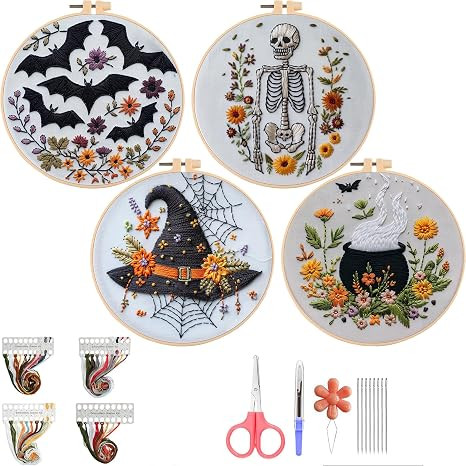 QBQBQ Halloween Embroidery Kit, Halloween Cross Stitch Kit, 4 Set Gothic Embroidery Starter Kit f... | Amazon (US)