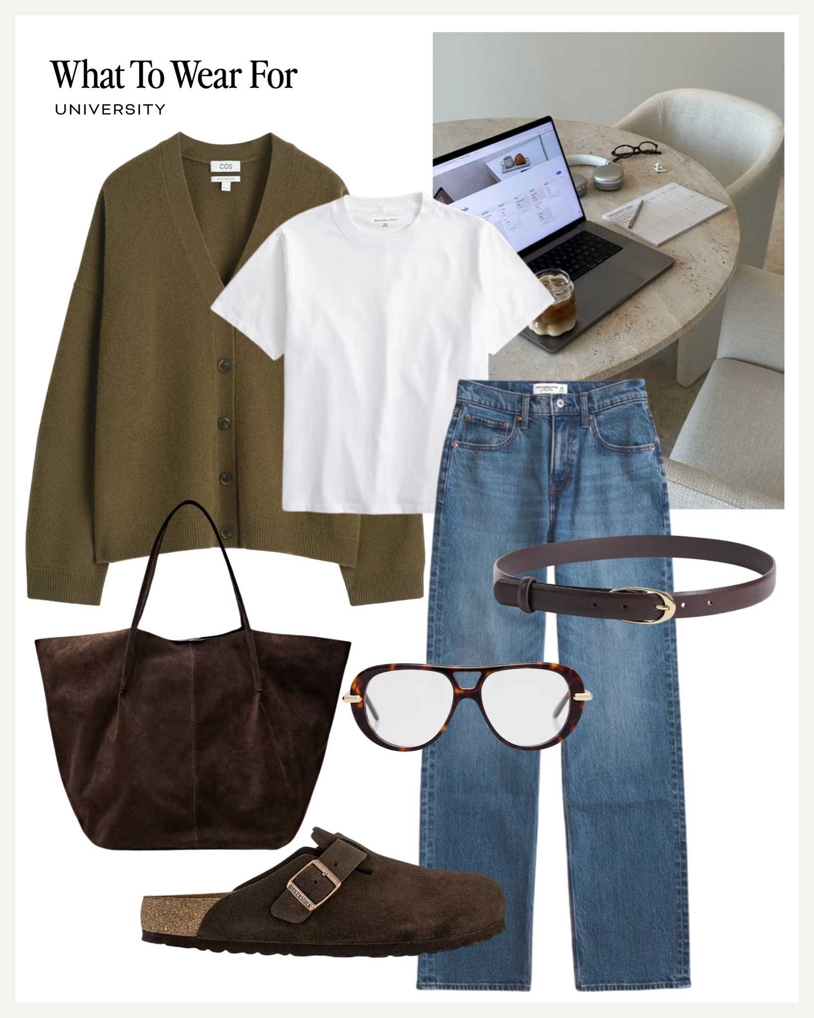 University 💻 

Transitional style, cardigan, Abercrombie jeans, Birkenstock, suede tote bag, autumn