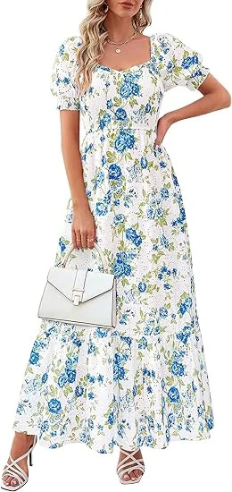 PRETTYGARDEN Women's Floral Boho Maxi Dresses Flowy Short Sleeve A Line Smocked Eyelet Summer Bea... | Walmart (US)