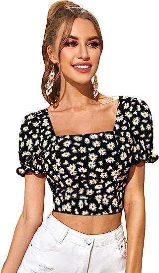 SheIn Women's Floral Print Puff Sleeve Crop Tops Square Neck Backless Shirt Blouses | Amazon (US)