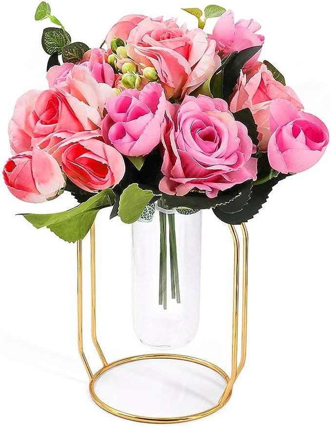 ANZOME Artificial Silk Rose Arrangement Fake Pink Brazil Roses Bouquet in Gold Vase Set Realistic... | Amazon (US)