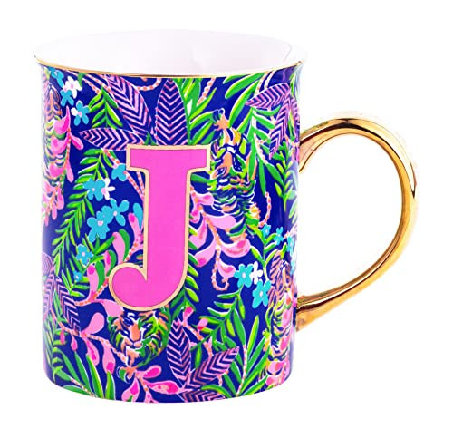 Lilly Pulitzer Initial Ceramic Coffee Mug, 14 Oz Tea Cup, Cute Mug with Gold Handle and Gift Box, J (How You Like Me Prowl) | Amazon (US)