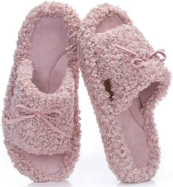 Women's Fuzzy Open-toe Bowknot & Double-Strap Slippers, Memory Foam Non-Slip Indoor House Slides | Amazon (US)