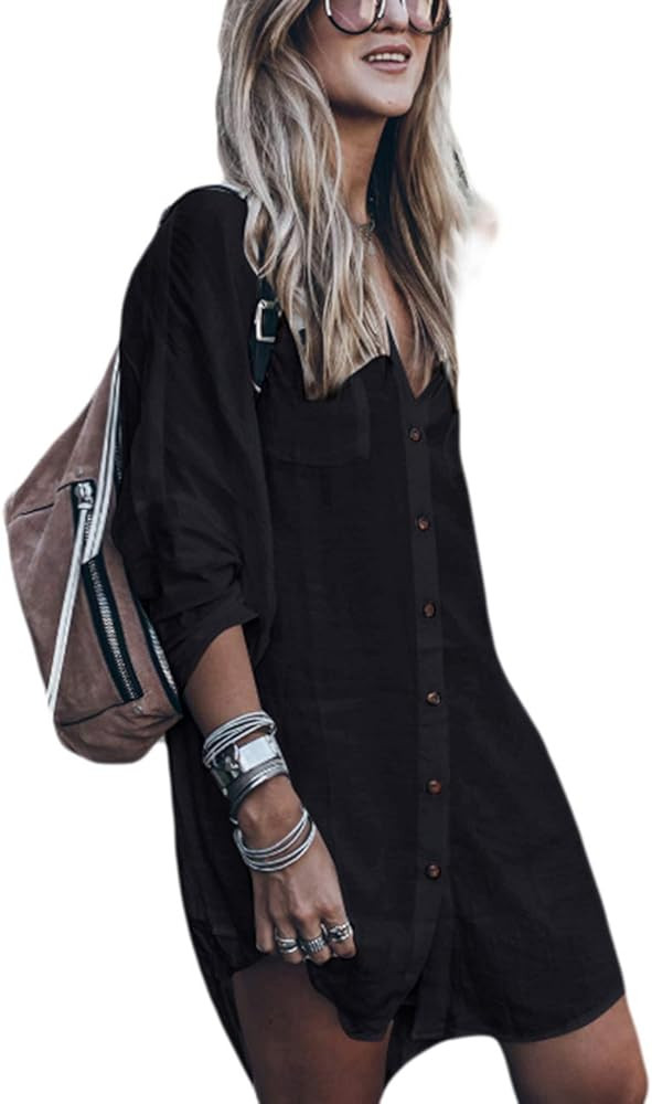 Bsubseach Women Loose Long Sleeve Swimsuit Cover Ups Button Down Beach Shirt | Amazon (US)