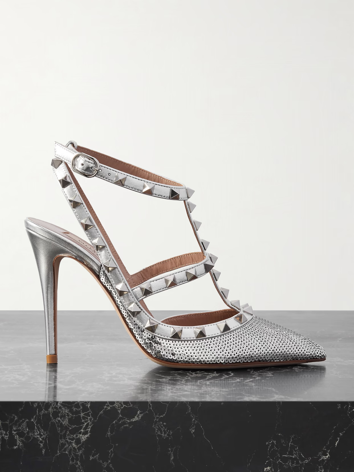 Valentino Garavani - Rockstud 100 Sequined Metallic Leather Point-toe Pumps - Silver | NET-A-PORTER (US)