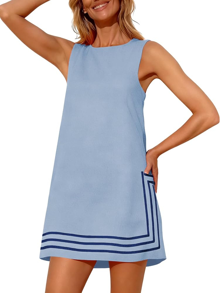 Womens Summer Boho A-Line Mini Dress Sleeveless Sundress Color Block Beach Coverups | Amazon (US)