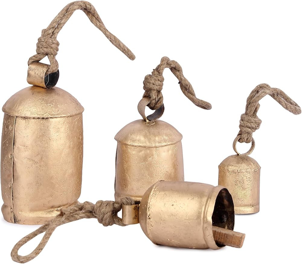 MesuBari Rustic Lucky Cow Bells Set of 4 Handmade Vintage Wind Chime Gold Brass Hanging Bells wit... | Amazon (CA)