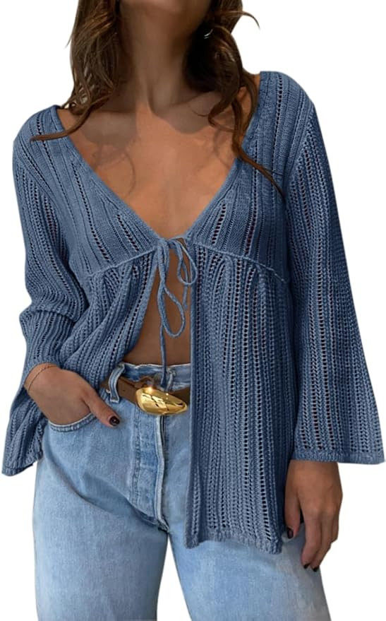 Saodimallsu Womens Summer Lightweight Tie Front Cardigans Crochet Knit Long Bell Sleeve Casual V ... | Amazon (US)