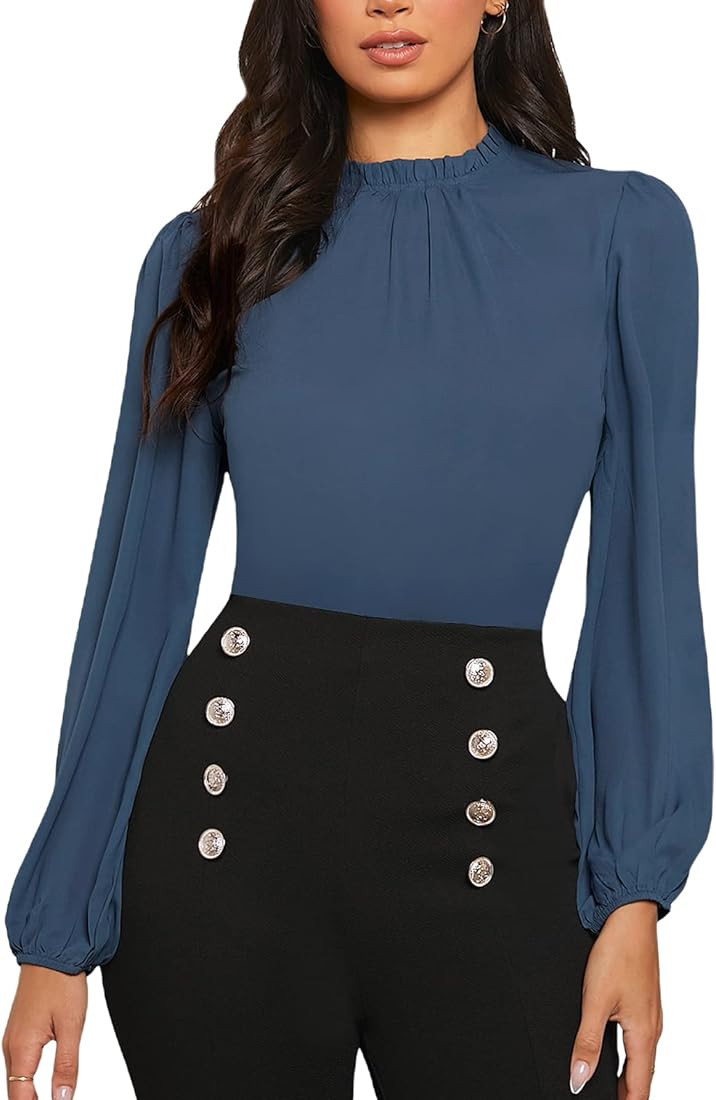 OYOANGLE Women's Elegant Printed Mock Neck Long Sleeve Workwear Blouse Top Shirts | Amazon (US)