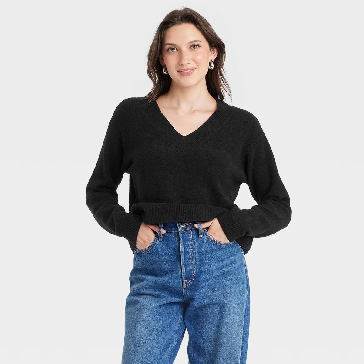 Women's Cozy Knit V-Neck Pullover Sweater - Universal Thread™ Black XS | Target