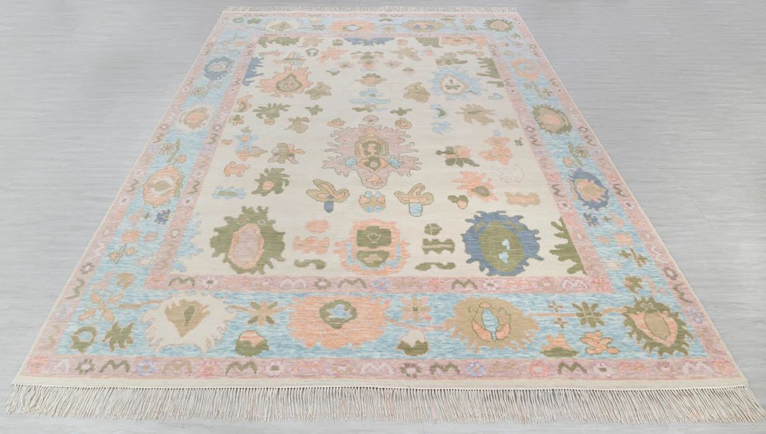 Ivory Blue colorful Modern Vintage Oushak Flower Rug Hand Knotted Oriental rug | Free shipping | ... | Etsy (US)