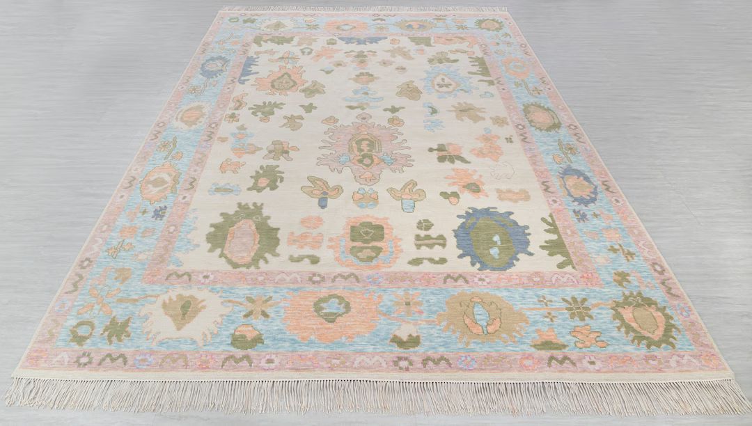Ivory Blue colorful Modern Vintage Oushak Flower Rug Hand Knotted Oriental rug | Free shipping | ... | Etsy (US)