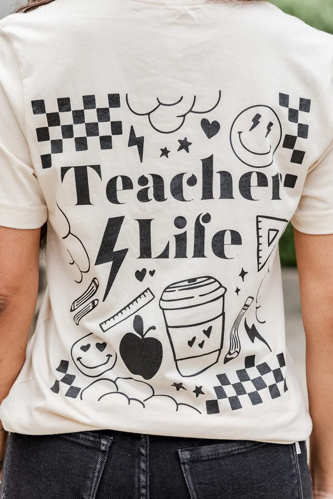 Checkered Teacher Life Soft Cream Graphic Tee | Pink Lily