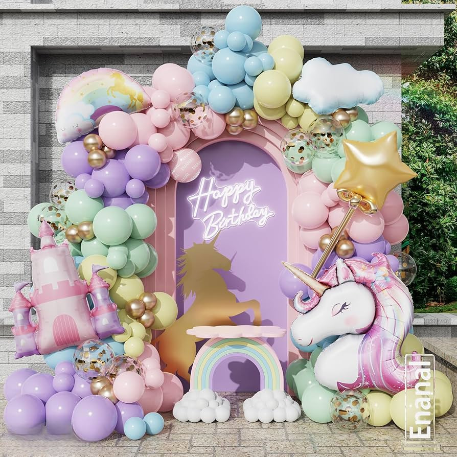 Pastel Unicorn Balloon Arch Kit, 156pcs Macaron Rainbow Balloons with Large Size Castle Unicorn T... | Amazon (US)