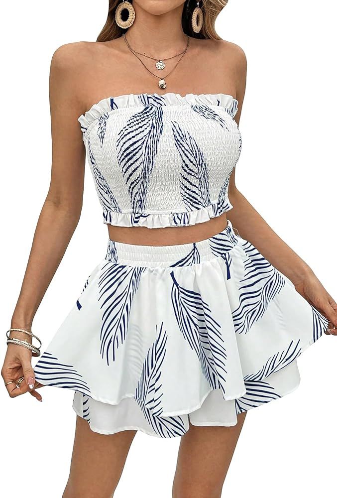 Women's 2 Piece Casual Tropical Pattern Strapless Sleeveless Shirred Crop Bandeau Top and Tiered ... | Amazon (US)