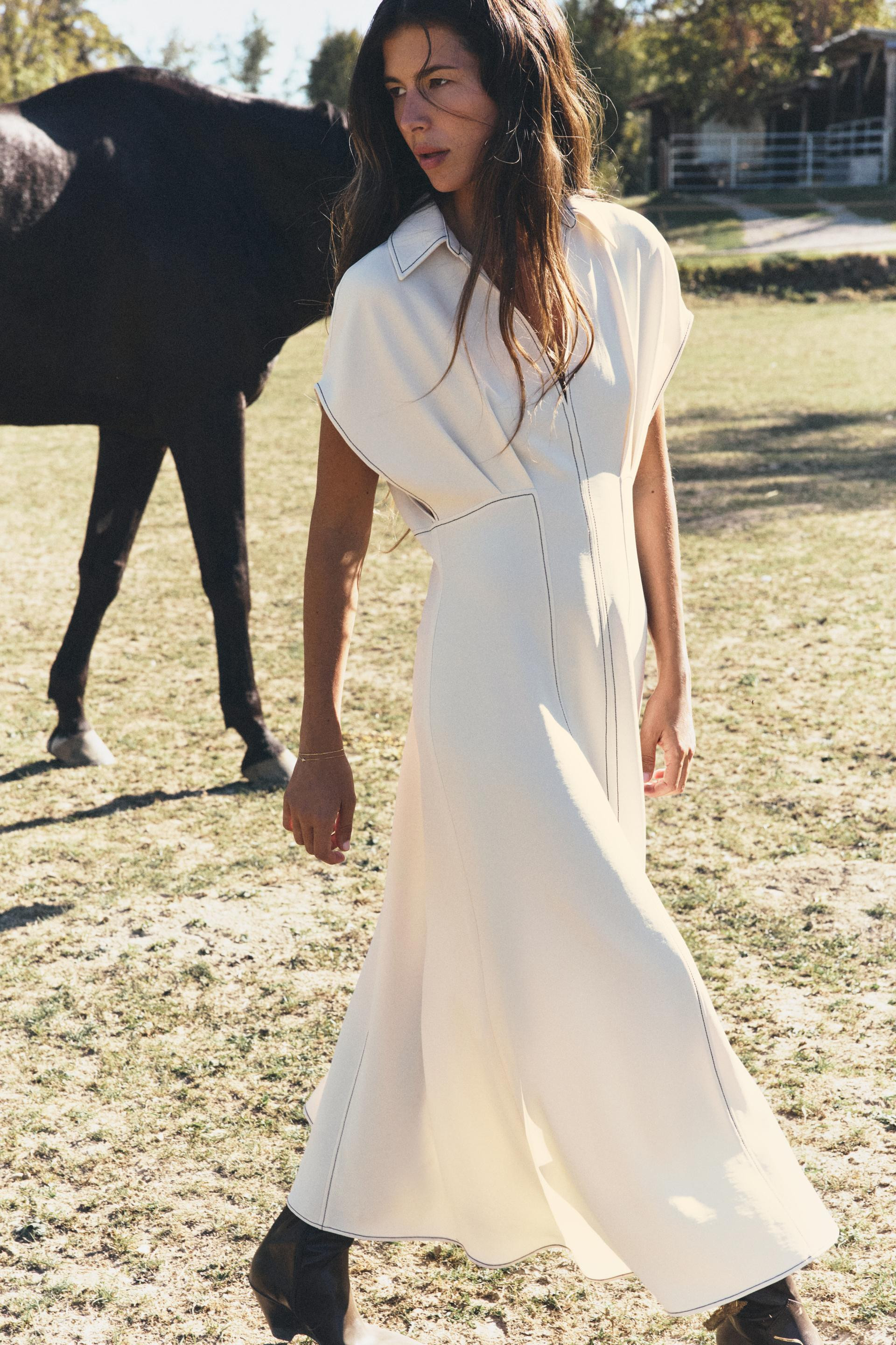 Zara - Midi Dress With Contrast Topstitching - Ecru - L - Woman | Zara US