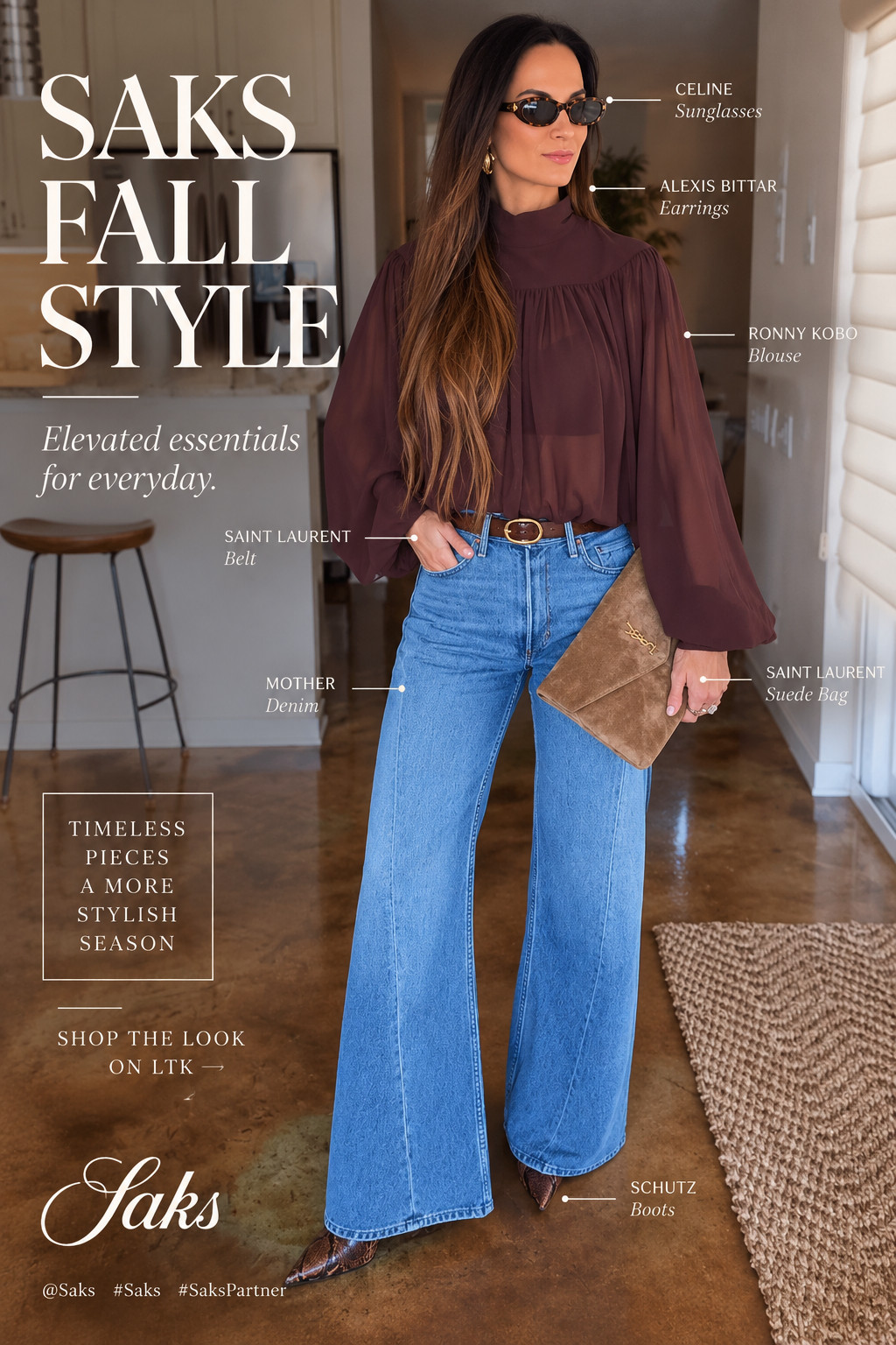 Fall dressing, but make it effortless. 🤎 #SaksPartner
This is exactly my kind of fall look—great MOTHER denim, a floaty chocolate Ronny Kobo blouse and those little luxe details that completely pull it together. Saint Laurent suede, Celine sunnies, Alexis Bittar earrings and just a touch of snakeskin from Schutz because apparently I’m incapable of leaving an outfit too sensible. 😂
Classic pieces with a little personality…always.
Shop my full fall look from @Saks right here in my LTK. 🍂
#Saks #SaksPartner
 

 #LTKdayinmylife #LTKgrwm #LTKSeasonal
