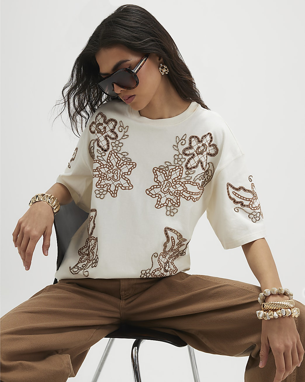 Cream Floral Embroidered Beaded T-Shirt | River Island UK & IE