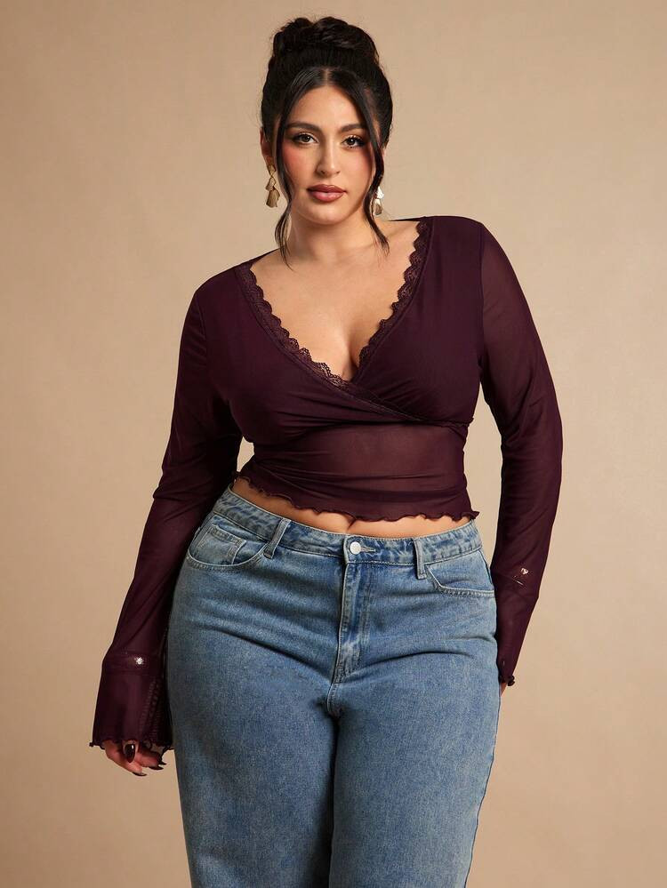 SHEIN BAE Plus Size Women's Solid Color Mesh Lace Patchwork Long Sleeve Sexy Blouse, Undershirt, Outerwear,Valentine's Day,Valentine Outfits For Women | SHEIN