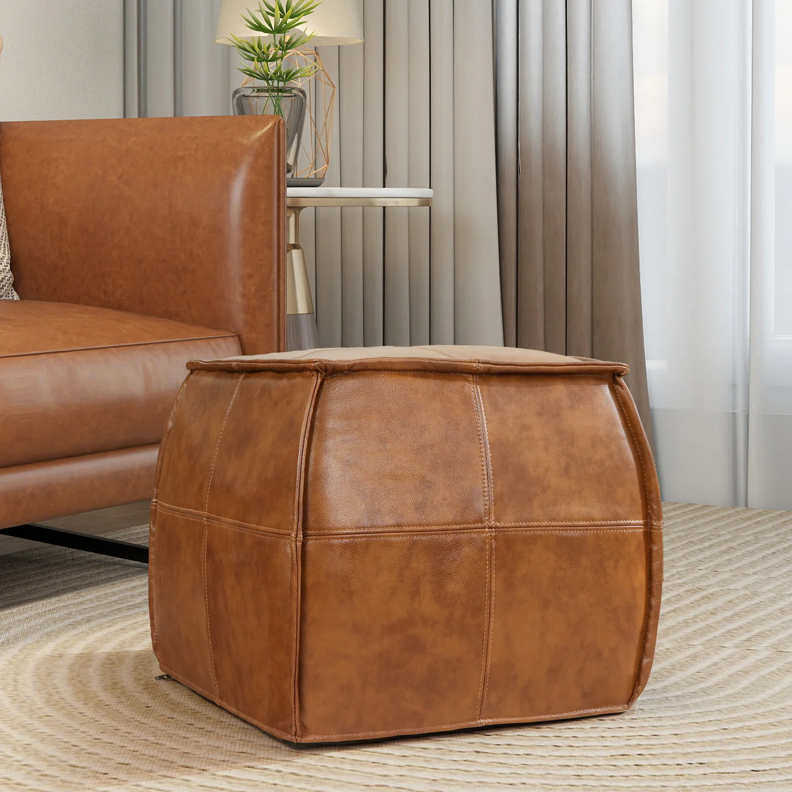 No Assembly Needed Upholstered Footrest Pouf Full-Grain Genuine Leather Square Ottoman | Wayfair North America