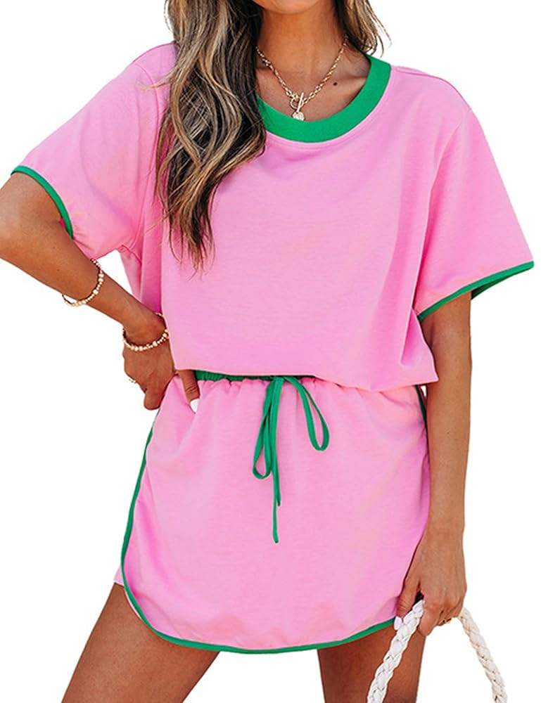 Skort Sets Women 2 Piece Outfits Casual Short Sleeve Crewneck Tops and Drawstring Mini Skirt Colo... | Amazon (US)
