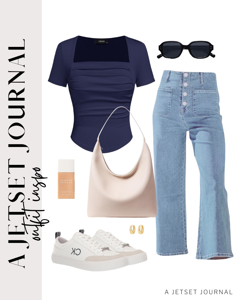 Another outfit idea to try is a navy CIDER top and wide-leg jeans from Sidefeel. This shoulder tote bag and Calvin Klein Lariss sneakers match this stylish fit. Add this Summer Fridays Illuminating Drops highlighter to your makeup routine. 

 #LTKSeasonal #LTKSaleAlert #LTKTravel