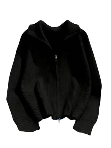 RoseSeek Women's Ribbed Knit Zip Up Sweater Collared Long Sleeve Cardigans Fall Sweaters Black Large | Amazon (US)