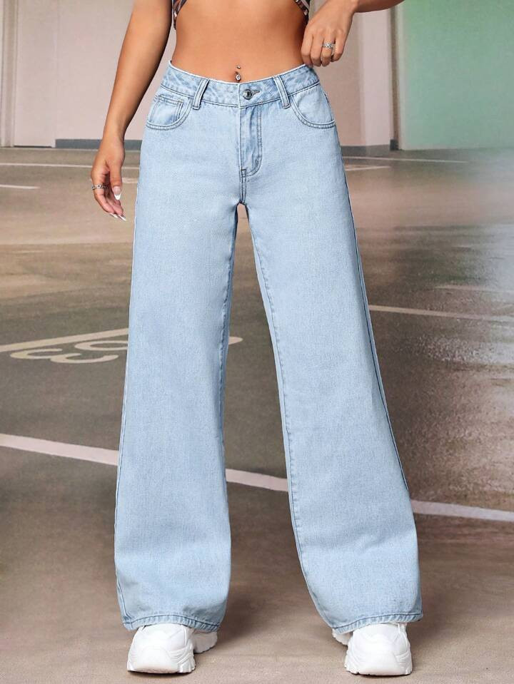 SHEIN ICON Eenkleurig Dames jeans Zak Knoop Rits | SHEIN