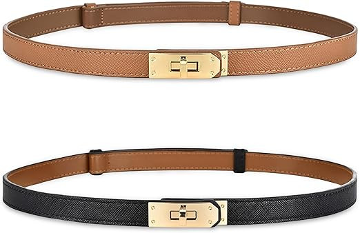 Women's Skinny Leather Belt with Adjustable Silver Turn-Lock Buckle - Ideal for Dresses, Jeans, a... | Amazon (US)