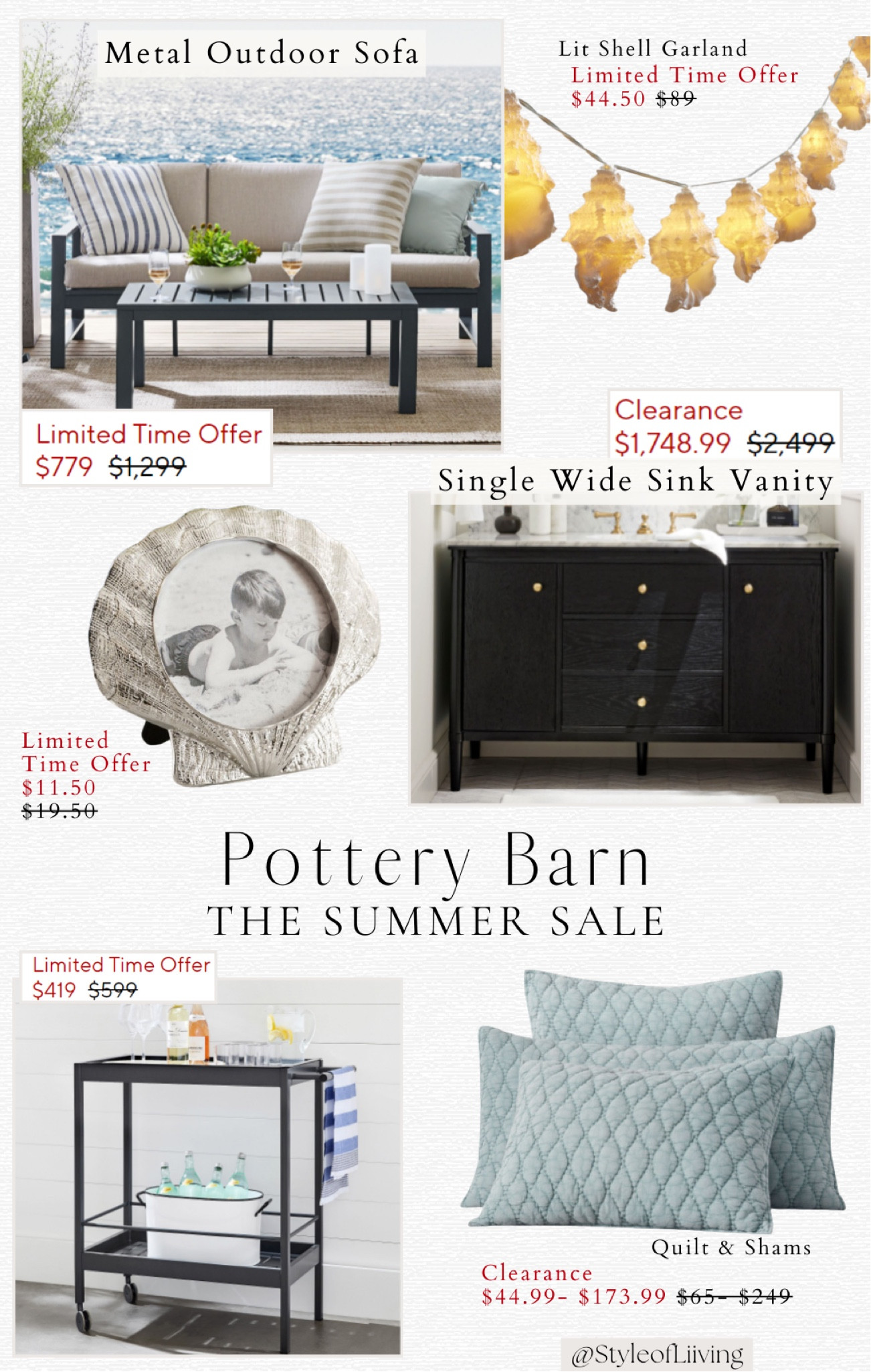 Pottery Barn Summer Sale! Quilts and shams, bedding, outdoor metal bar cart, small seashell picture frame, wide single sink bathroom vanity, lit shells garland, outdoor metal sofa, home decor.

#LTKSummerSales #LTKHome #LTKStyleTip