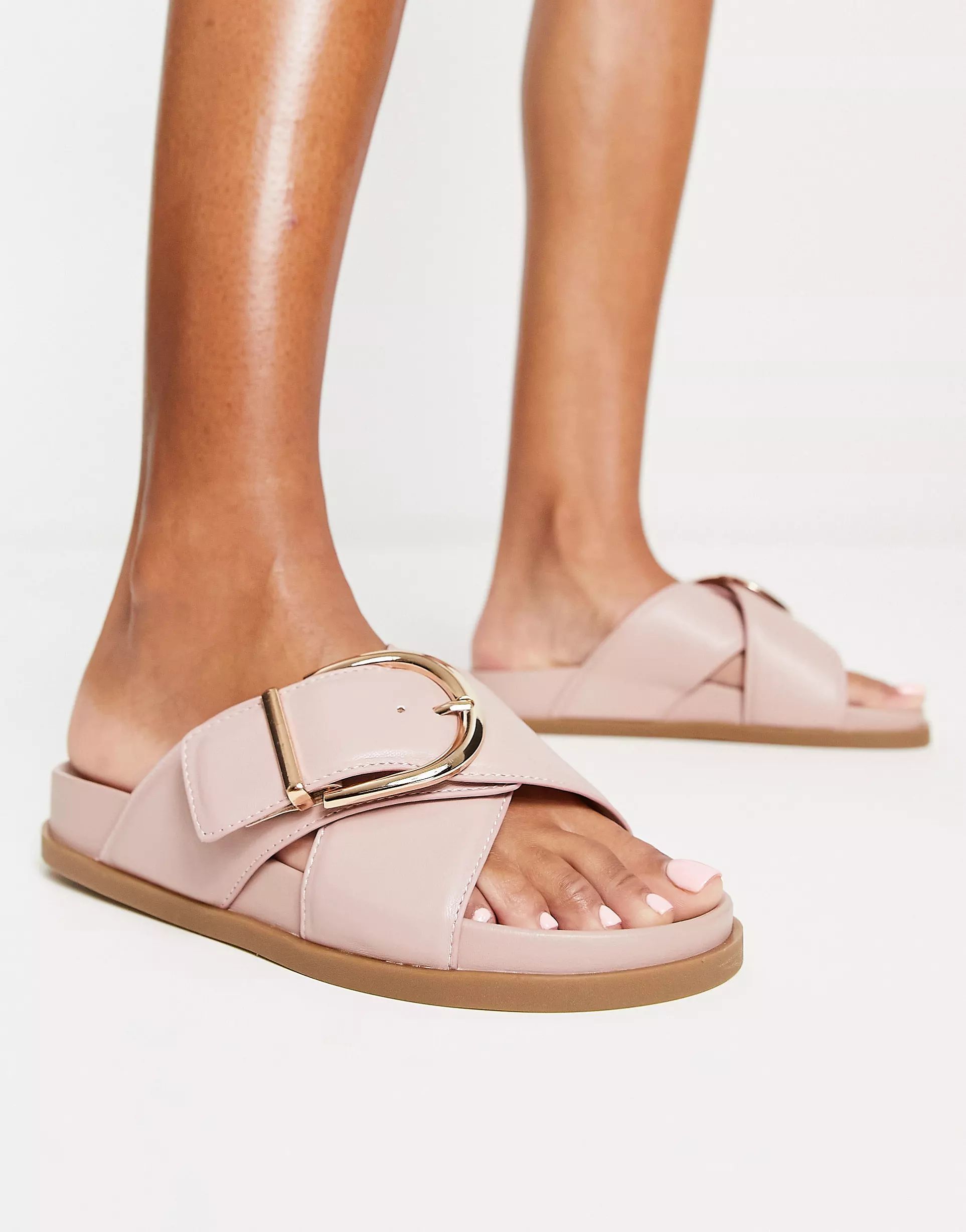 ASOS DESIGN Flash buckle cross vamp flat sandals in pink | ASOS (Global)