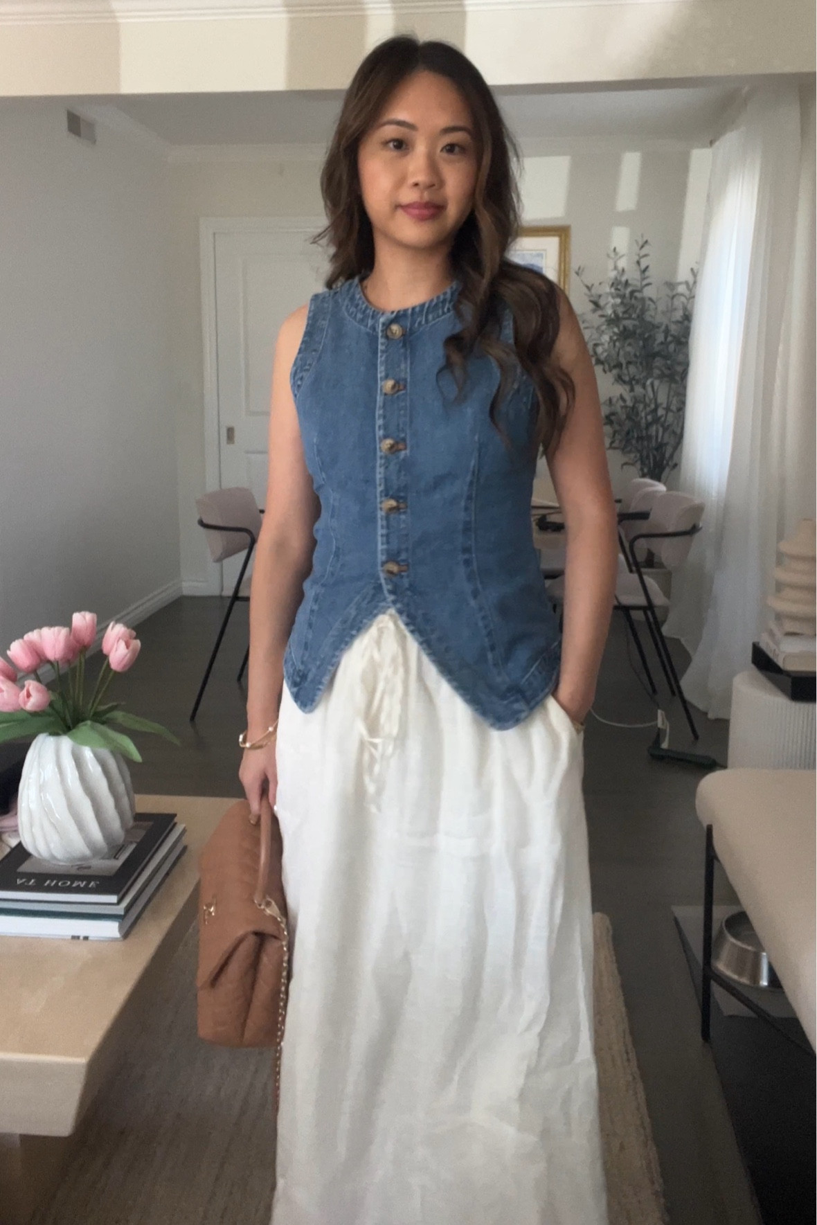 Denim vest + white linen skirt🦋🤍