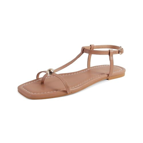 SOVANYOU Tan Women's Flat Strappy Sandals Comfortable Square Open Toe Sandals Thong Flip Flop Slides Sandal Dressy Summer Beach Sandal With Ankle Strap | Amazon (US)