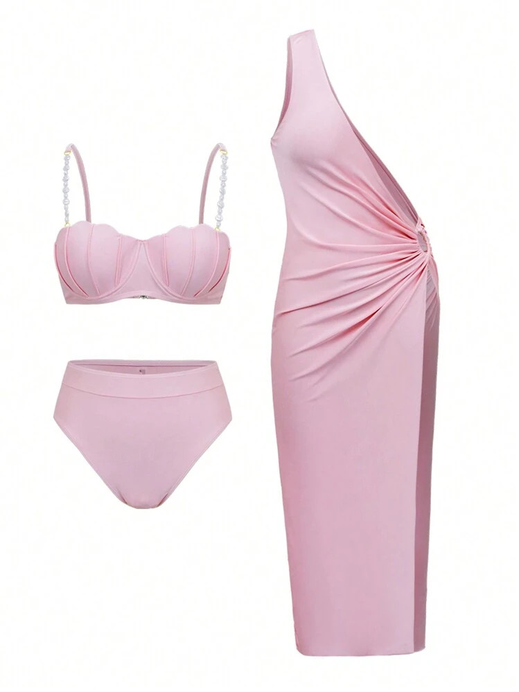 Swim Oasis Summer 2pcs Pink Elegant Swimwear Set With Shell Cup, Faux Pearl Strap And Underwire Support | SHEIN