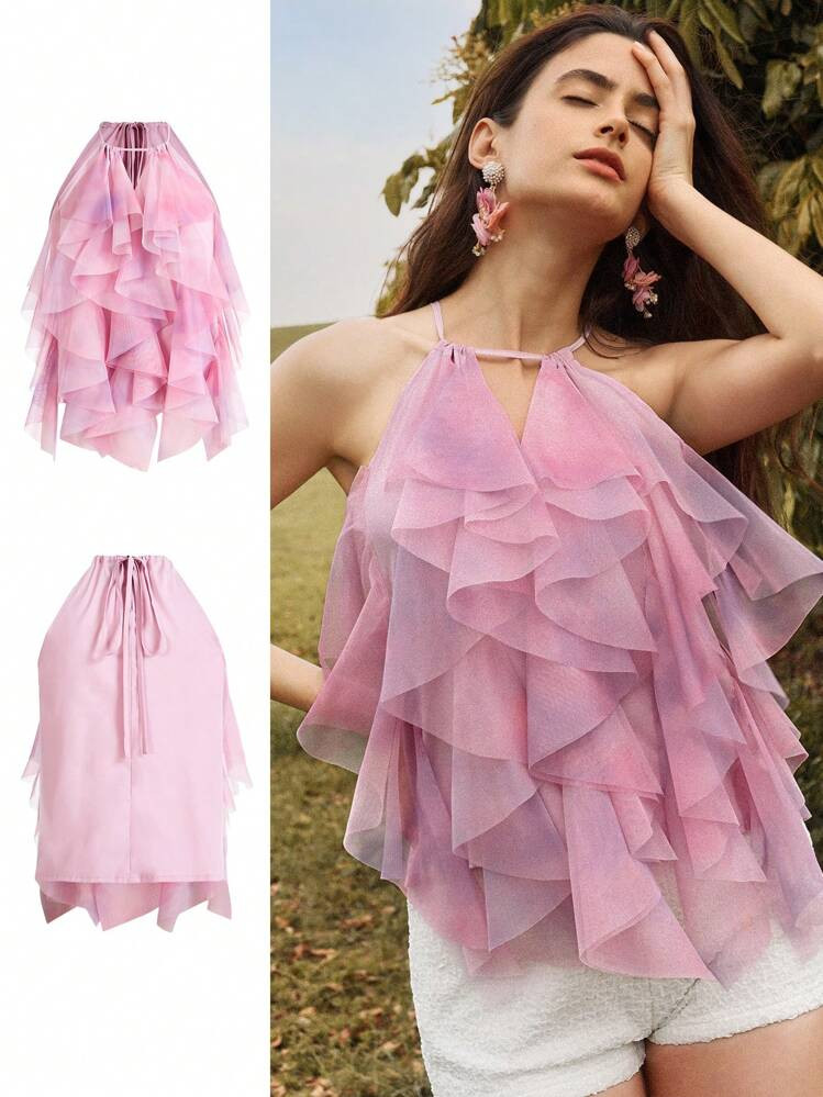 Anewsta Romantic Ruffled Tie Dye Women Tank Top | SHEIN