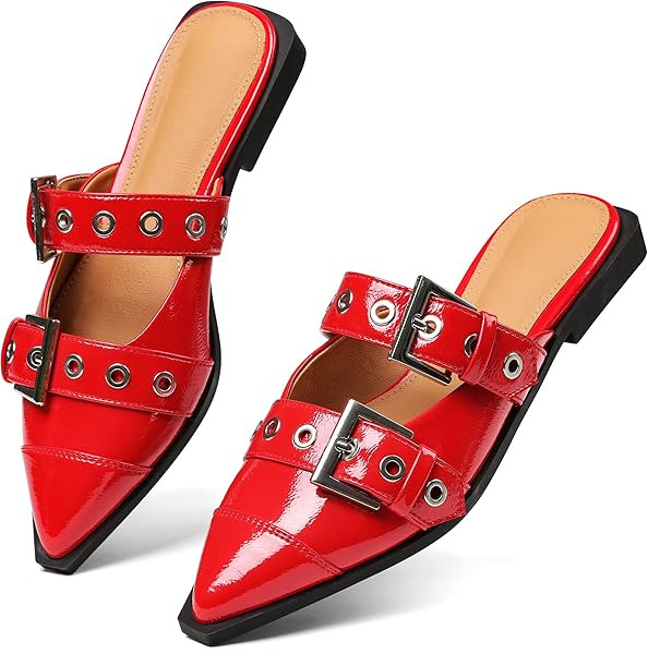 Buckle Flats for Women Pointy Toe Wide Welt Buckled Mules Low Block Heel Slippers Mary Jane Shoes... | Amazon (US)