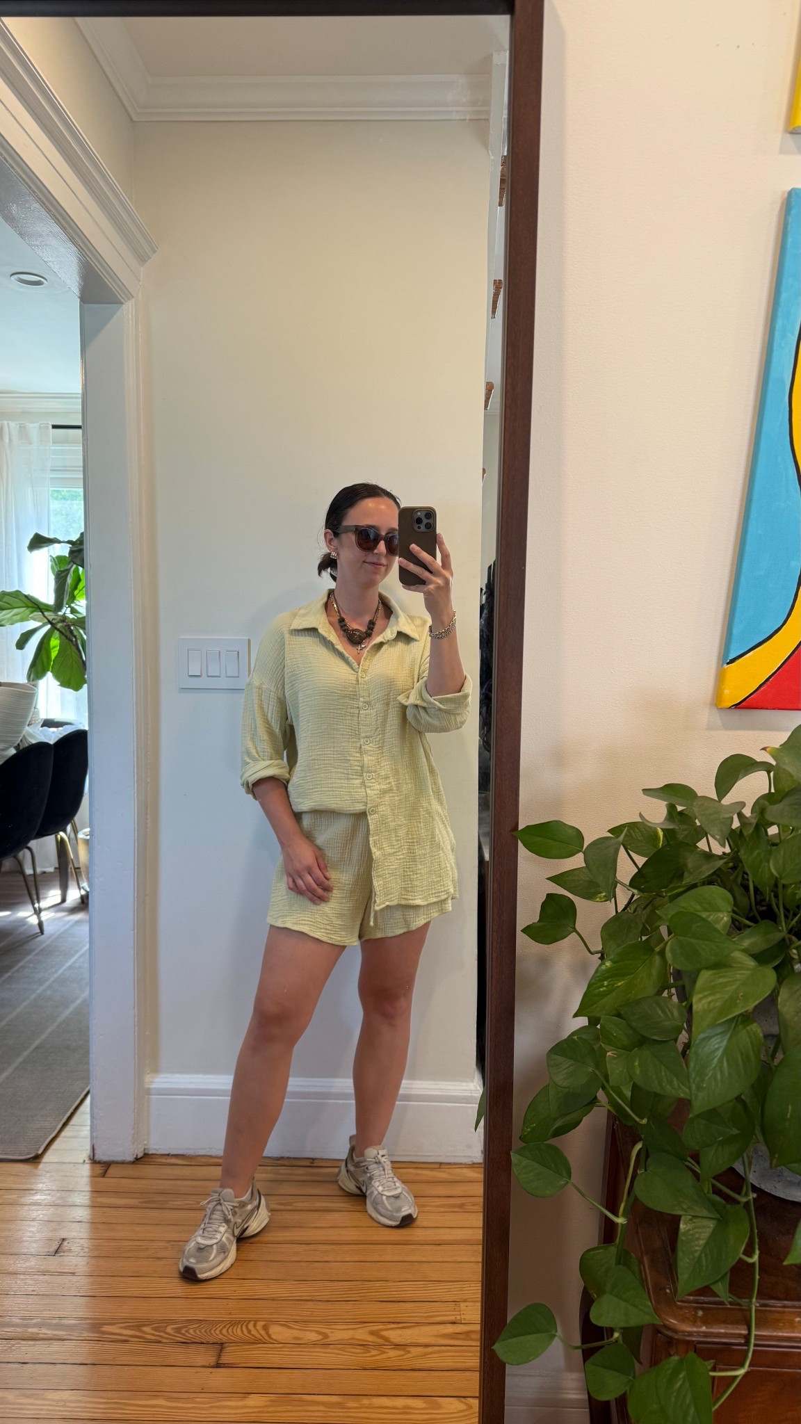 Wearing a large

100% cotton set, muslin cotton set, light green short set, mom outfit ideas, toddler mom outfits 