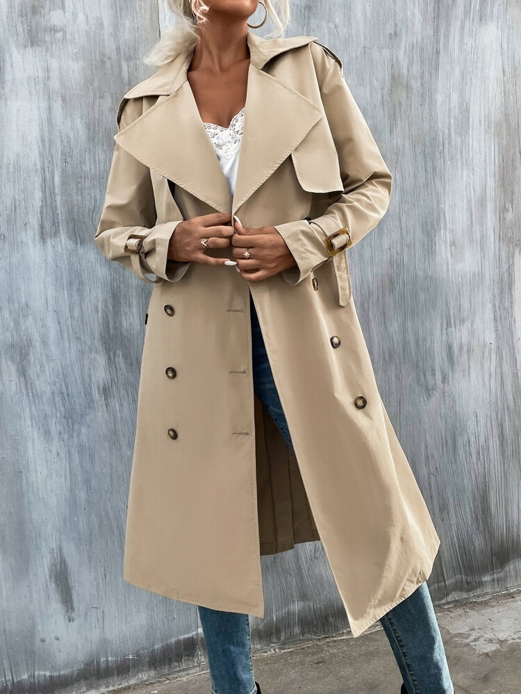 Epaulettes Design Double Breasted Belted Trench Coat | SHEIN