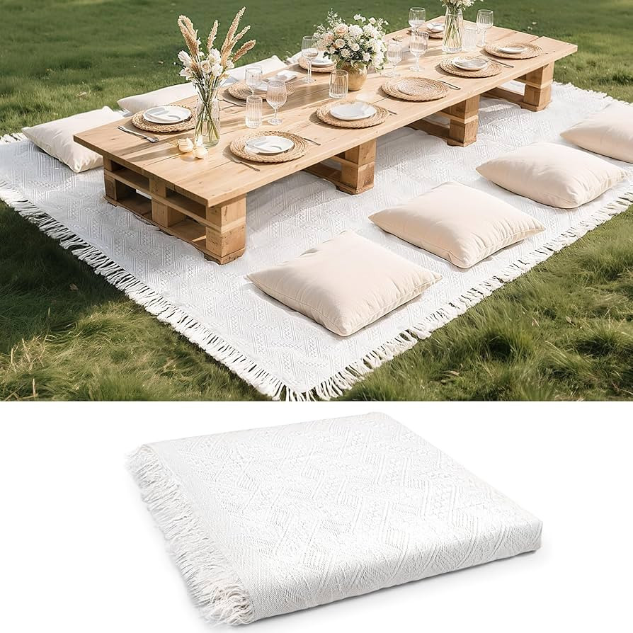 134 x 91 Extra Large White Outdoor Picnic Blanket, Woven Cotton Yarn Oversize Portable Blanket wi... | Amazon (US)