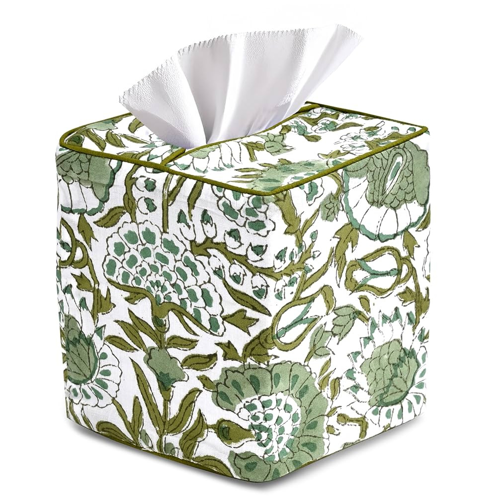 CPC Agate Green Hand Block Printed Cotton Tissue Box Cover 5" x 5" x 5.5" Square Soft Reusable Bo... | Amazon (US)