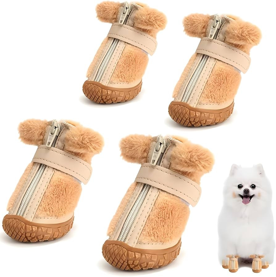 JZXOIVA Dog Shoes for Small Dogs, Fleece Dog Boots Paw Protector for Comfort and Warmth, Dog Booties with Anti-Slip Sole for Winter Snow Hardwood Floors Walking Brown Size 1 | Amazon (US)