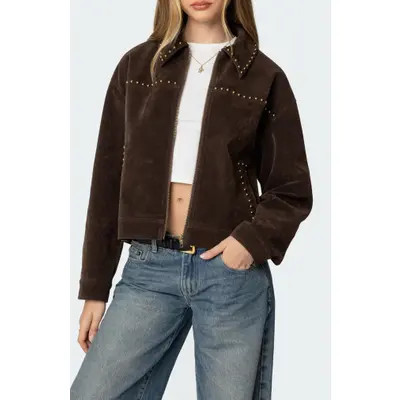 EDIKTED Memphis Studded Faux Suede Jacket in Brown at Nordstrom, Size Small | Nordstrom