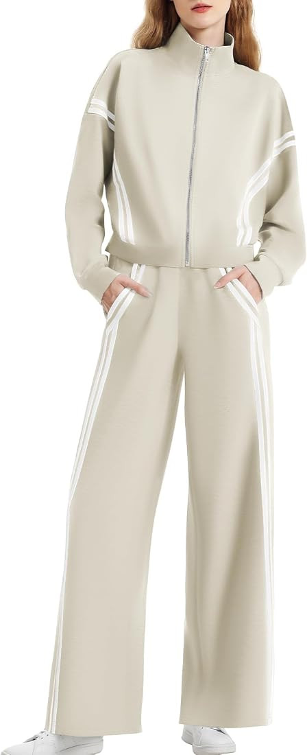 Women's 2 Piece Outfits Zip Up Sweatshirt Contrast Striped Wide Leg Sweatpants Suits Jogger Trave... | Amazon (US)